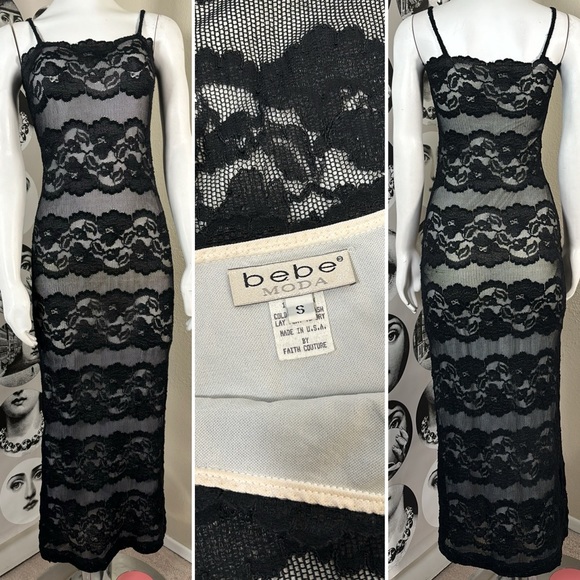 bebe Dresses & Skirts - Vintage Bebe Moda Black & White Lace Spaghetti Strap Bodycon Dress, Sz S